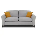 Discover the Mahir Lenka Fabric 3+1+1 Seater Sofa Set in modern gray with sleek angled armrests and chic black legs. Two mustard-yellow throw pillows add a pop of color, making it perfect for any contemporary space.