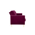 Side view of the Marvel 2 Seater Velvet Mid Century Sofa in plush deep purple with vertical tufting, gold slender legs, and a sleek rectangular design, centered on a white background. Perfect for any Fashable interior setup.