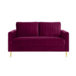 Discover the plush Marvel 2 Seater Velvet Mid Century Sofa from Fashable, upholstered in deep burgundy velvet with vertical tufted backrest and gold metal legs for a luxurious look. Its slim armrests make it perfect for any stylish space, inviting relaxation.
