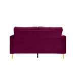 Back view of the Marvel 2 Seater Velvet Mid Century Sofa in burgundy with gold legs. Its plush, velvety texture and two large back cushions create an elegant, luxurious look, ideal for style and comfort seekers.