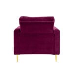 Back view of the plush Marvel 1 Seater Velvet Mid Century Sofa 34 in burgundy with sleek gold-colored legs. The soft, luxurious upholstery and contemporary boxy design elevate any space—perfect for those who cherish elegance.
