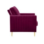 A side view of the Marvel 1 Seater Velvet Mid Century Sofa in plush purple shows off sleek gold legs and a modern boxy design with vertical tufted stitching. Thick backrest and seat cushions ensure exceptional comfort—perfect for a stylish home upgrade!.