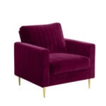 Introducing the Marvel 1 Seater Velvet Mid Century Sofa 34—a plush velvet armchair in rich burgundy featuring vertical channel tufting and gold-tipped legs. With modern design, broad arms, and a solid backrest, it offers stylish comfort to elevate your space today.