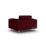 Discover the Petal Velvet 1 Seater Modern Sofa 36, featuring a boxy design in burgundy and elegantly positioned on light wood legs, beautifully displayed from an angle with its back and side against a plain white background.