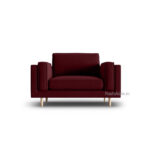Discover the Petal Velvet 1 Seater Modern Sofa 36 in an elegant burgundy hue. With plush cushions, sleek armrests, and short light wooden legs, its perfect for any Indian setting and stands out beautifully against a plain white backdrop.