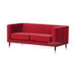 Discover the elegance of the Sana Velvet 2 Seater Tuxedo Sofa 56 in modern red, featuring a ribbed backrest and two cushions. Its sleek black legs with gold tips add a stylish, refined touch ideal for any home in India.