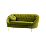 Discover the elegance of the Hayat Velvet 2 Seater Modern Sofa 66 in green, with a tufted design and curved backrest. Its left-side round decorative cushion and sleek gold metal legs enhance its sophistication against a white backdrop, inviting you to add this chic piece to your home.