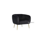 Discover the elegant Hazel Velvet Arm Sofa with a sleek black design, rounded backrest, and slim gold legs set against a white background. This exquisite 28 piece transforms any space with its charm.