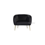 The Hazel Velvet 1 Seater Arm Sofa 28 is a modern black velvet armchair featuring a rounded, cushioned backrest and golden metal legs. Ideal for stylish and comfortable furniture seekers in India, it blends elegance with contemporary design against a plain white background.