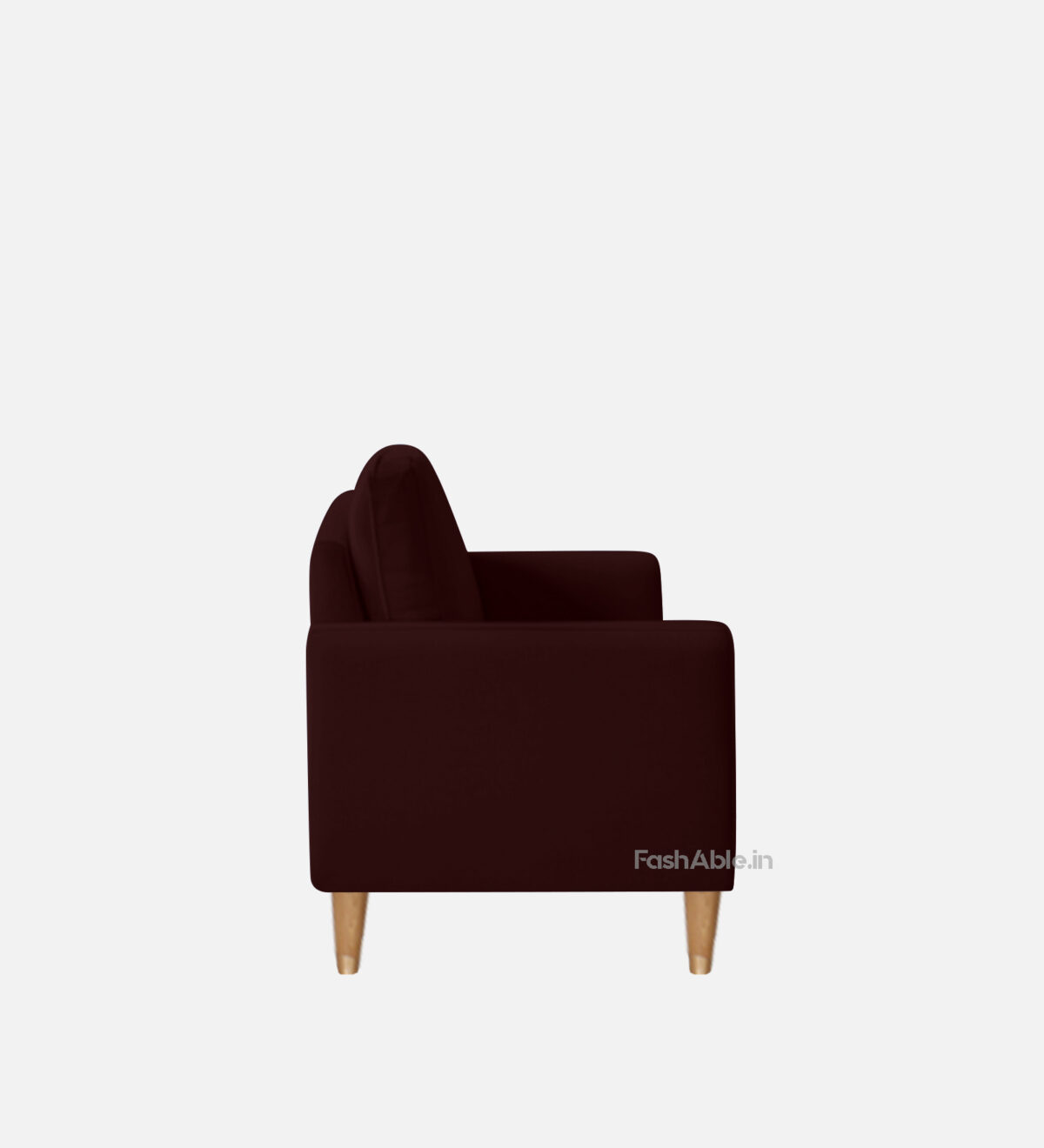 Side view of the Aqsa Velvet 1 Seater Mid-Century Sofa 32 in brown with wooden legs against a white background. Its modern, simple design features plush cushioned seating. Discover this elegant addition to your space today.