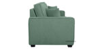 Side view of a Thea 3 Seater Mid-Century Sofa 78 in green upholstery, featuring two large back cushions and two smaller side cushions. Its sleek design with short black legs offers a modern touch, perfect for enhancing your space with Fashable elegance.