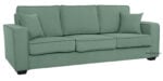Discover the elegant Thea 3 Seater Mid-Century Sofa 78 in green upholstery, featuring three seat cushions, two back cushions, and straight arms. Includes two matching throw pillows and stands on small dark wooden legs—a stylish blend of comfort for any Indian home.