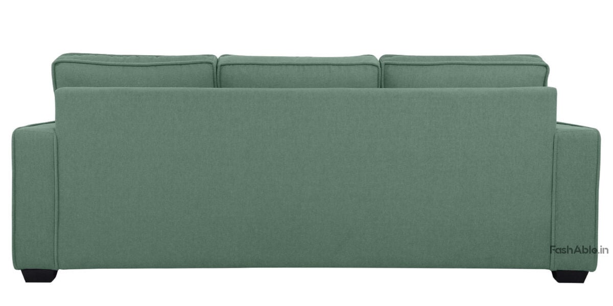 The Thea 3 Seater Mid-Century Sofa 78 features a green upholstery with three cushions, showcasing a clean, minimalist design with straight edges and black legs. Available for purchase in India.