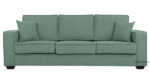 The Thea 3 Seater Mid-Century Sofa, 78, in green features square cushions and armrests with modern, clean lines. Two matching Fashable throw pillows enhance its stylish appeal, inviting you to explore comfort and elegance against a white backdrop.
