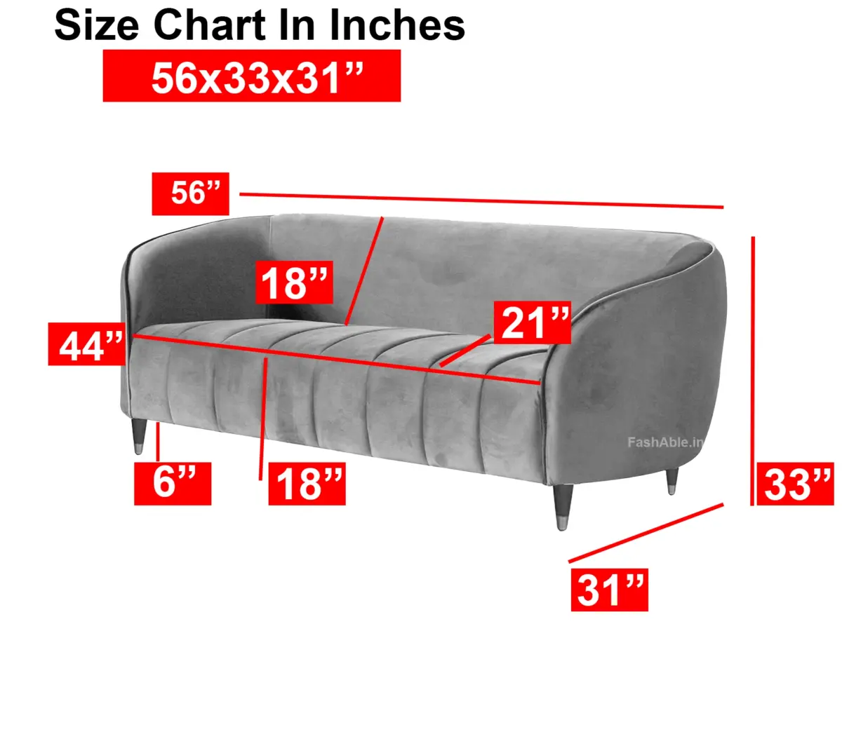 Charlotte 2-seater sofa size chart with detailed dimensions for single seating.