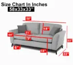 Size chart for Mahira 2 Seater Sofa, showcasing accurate dimensions for width, depth, and height to help customers find the perfect fit for their home.
