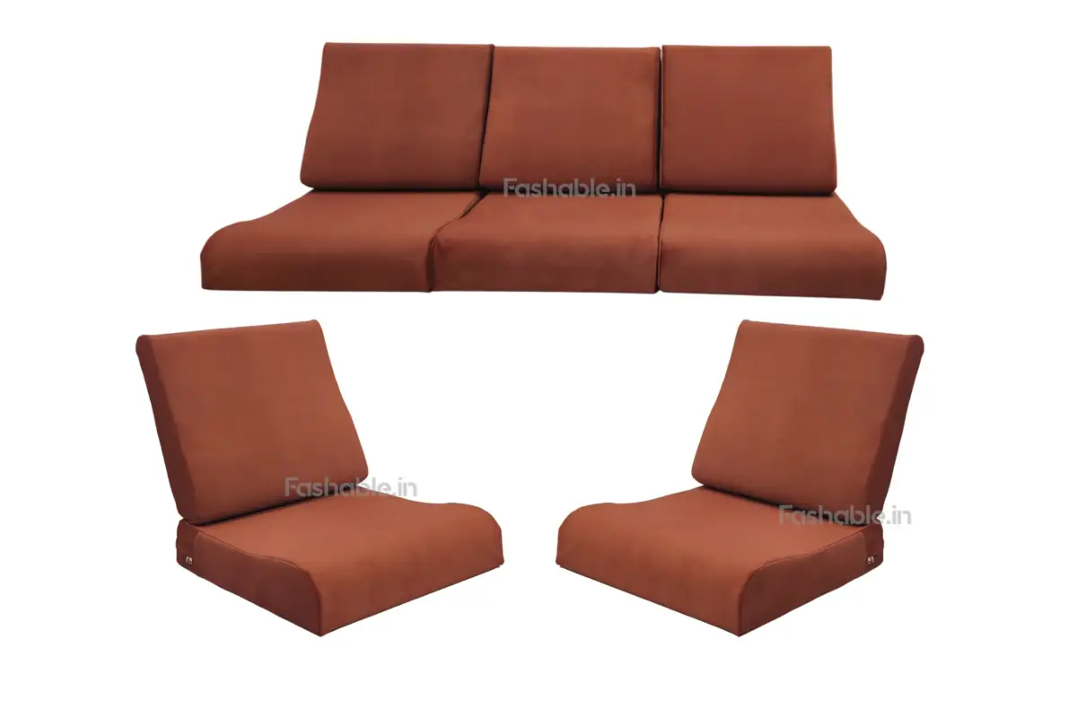 Orange wooden sofa cushion set for 5-seater by Fashable, adding vibrant comfort and style to your living room