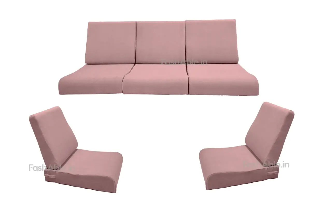 Pink color velvet fabric wood sofa cushion by Fashable, offering luxury and comfort for your wooden sofa.