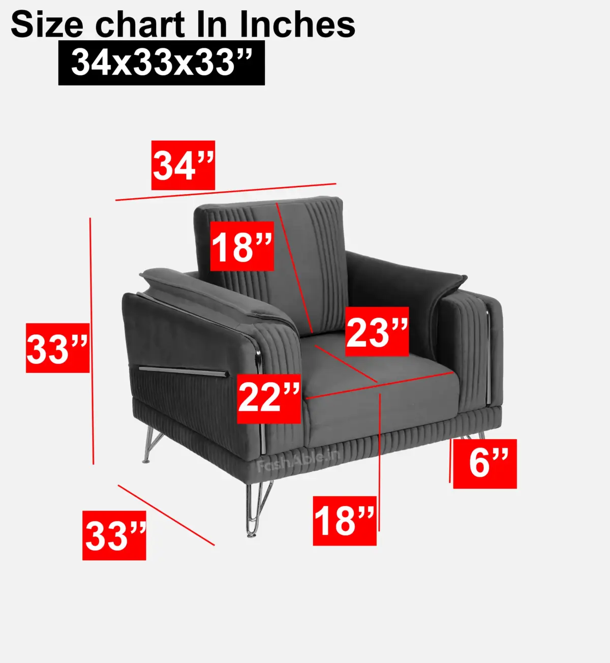 Irene 1 seater sofa size chart